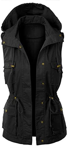 Cargo Weste Damen Ärmellos - Weste Outdoor Kapuze Sweatjacke Grosse Grössen Damenweste Casual Safari-Weste mit Kordelzug Einfarbig Slim Fit Übergangsweste Leichte Hoodie Anglerweste Outdoorweste