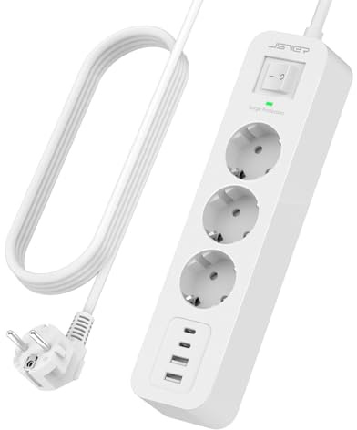 Multipresa JSVER con 4 porte di Ricarica USB (3,4 A 5 V), Adattatore 7 in 1 con 3 Prese CA, Prese con Protezione da Sovratensioni e Interruttore per Casa e Ufficio, Cavo da 3 m (Bianco)