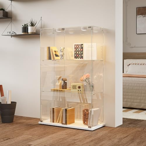 Vetrina in vetro con LED,Vetrina in vetro temperato,3 strati di vetro,in legno,a 2 porte e lucchetto,mobile in Vetro vetrina,vetrine per figure armadio,per soggiorno (bianco,3 ripiani,2 ante+LED1)