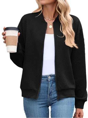 PANOZON Mujer Chaqueta de Manga Larga Casual Bomber Chaqueta de Béisbol Cremallera Ligera Transición,Negro S