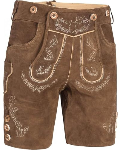 Pantalones de cuero para hombre, cortos, vintage, de piel auténtica con cinturón tradicional, pantalones de piel auténtica bávaros, tradicionales, para traje regional, para Oktoberfest, O Marrón, S