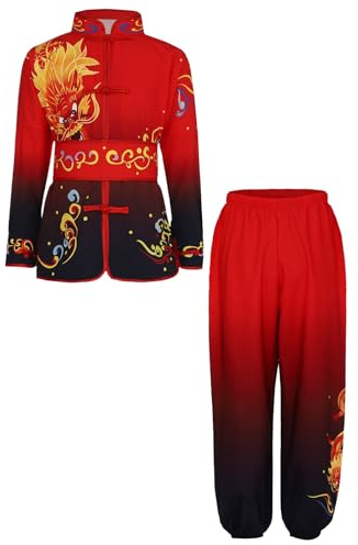 Miutii Conjunto de deporte para niños y niñas, uniforme de Tai Chi, camiseta de Kung Fu y pantalones Wushu Chándal chino Kung Fu Wing Chun, A Red Black, 146-152