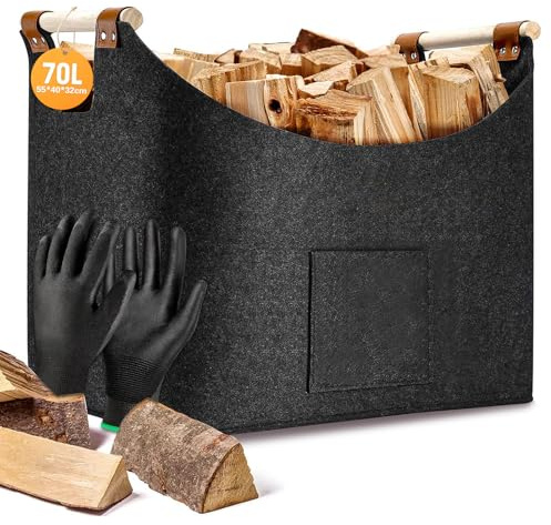Cesta de Leña, Cesta de Leña de Fieltro, Bolsa de Leña de Gran Capacidad con Asa, Bolsa de Fieltro Interior Chimenea para Transportar Madera, Guardar Juguetes, Madera, Periódicos, Ropa