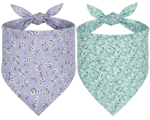 2PCS Spring Floral Dog Scarf Reversible Washable Puppy Scarves and Pet Handkerchiefs for Small Medium Large Dogs Cute Adorable Dog Birthday Bandana for Girl Boy Puppies and Pets