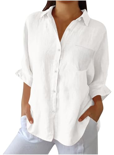 Chemise Lin Femme Été Col en V Chemisier Tops Manches Longues DéContractés Coupe Ample Couleur Unie Chemisiers et Blouses Chic et Elegant Tunique Femmes Respirant T-Shirts Blouse Printemps
