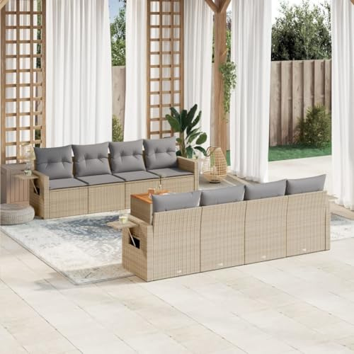 YUTAASU Set di divani da giardino da 9 pezzi con cuscini beige, in polyrattan, set modulare con tavolino e ripiani, mobili durevoli in rattan sintetico per terrazza, esterni, gruppo di sedute