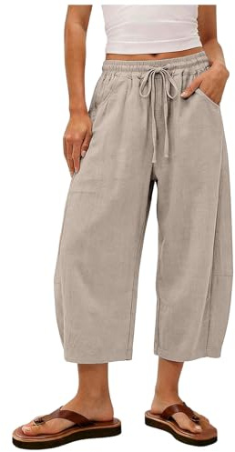 Pantalones Capri 3/4 Mujer Verano Lino Algodón para Playa Ocio Trabajo Diario Deportes Cintura Alta Elástica con Cordón y Bolsillos Pierna Ancha Casuales Cómodos Transpirables Ligeros y (Beige, M)
