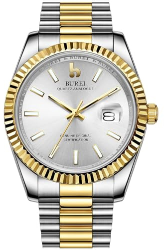 BUREI Luxus Herrenuhr Analog Quarzuhr Datumsanzeige mit Saphirglas Leuchtend und Edelstahlarmband (Silber Gold)