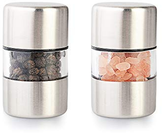 T-mark Premium Sea Salt and Pepper Grinder Set - Spice Mill with Brushed Stainless Steel, Small Portable Ceramic Salt & Pepper Shakers (2-Pack)