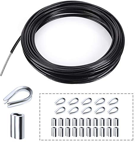 Amadget Stainless Steel Black Wire Rope, Globe String Lights Hanging Kit, Cable Railing, Aircraft & Picture Hanging Kit Include 180 Ft Vinyl Coated Wire Cable and Accessories