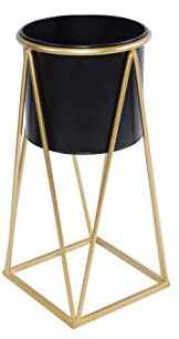 green leaves Metal Planter Stand with Plant Pot Flower Pot for Indoor Balcony Flower Rack (Black, Medium)