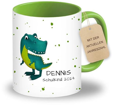 LOOXIS Kindertasse mit T-Rex Motiv + Name (Grün) - Geschenk zur Einschulung, Geburtstag, Kindergarten