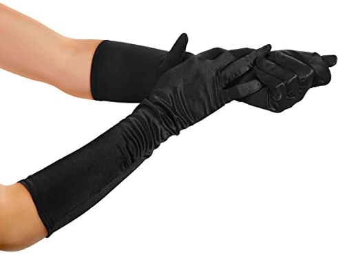 BALINCO Guanti da donna lunghi, eleganti, stile anni '20, guanto da sera glamour, opera, classico, elastico, raso, gotico, festa, costume, carnevale, carnevale femminile (nero)