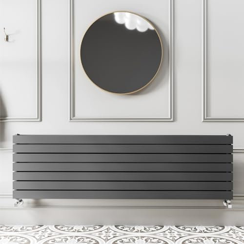 Go Bathrooms Pinta 475 x 1800mm Horizontal Radiator Anthracite Flat Panel Double Column Wall Mounted Designer Anthracite Grey Radiator Central Heating Includes Brackets