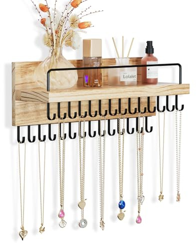 Lolalet Necklace Holder Hanging Necklace Organizer Wall Mounted Jewelry Organizer with 28 Hooks and Perfume Shelf, Wood Necklace Hanger Rack for Bracelets -Black