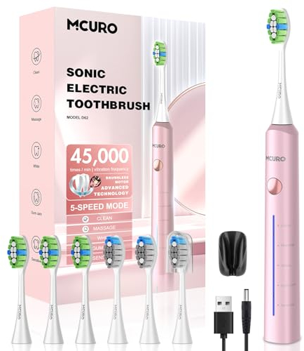Elektrische Zahnbürste, Schallzahnbürste, Zahnbürste Hochwirksame Reinigung, 45000VPM, 6 DuPont-Bürstenköpfe, 120 Tage Akkulaufzeit, Batteriestandsanzeige, 5 Modi, Timer, IPX7, Aufhängbar, Rosa