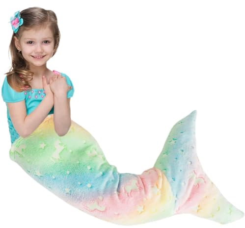 QINGLANG Mermaid Tail Blanket Glow in the Dark Little Mermaid Blanket for Girls Kids Gifts 50x100cm All Seasons Soft Flannel Fleece Mermaid Sleeping Bag Plush Fish Scale Snuggle Blanket (Pink Green)