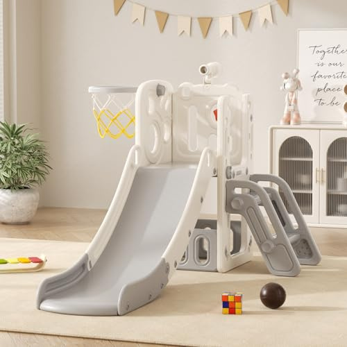 Scivolo e Altalena per Bambini con Scala da Arrampicata: Parco Giochi per Interni ed Esterni con box Portaoggetti Tunnel Scale Canestro da Basket e Zona di Passaggio (Elf-A-Gray)