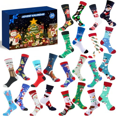 Conponous Socken Adventskalender 2025, Adventskalender 2025 Frauen Männer, 24 Weihnachtssocken mit Weihnachtsmann, Elch, Schneemann, Weihnachtsgeschenke für Mutter, Ehefrau, Freundin (L, Mehrfarbig)