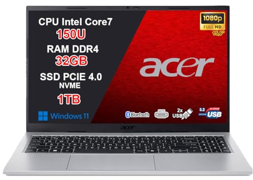 acer Aspire Go 15 PC Portatile Notebook, CPU Intel Core 7 150U di nuova generazione fino a 5,4 GHz, RAM 32GB, SSD 1TB, Wi-Fi 6, Display 15,6 Full HD Antiriflesso, USB Type-C, Windows 11, Silver