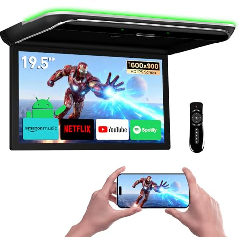 XTRONS Reproductor de techo de coche Android de 19.5 pulgadas, Octa Core 2+32 GB, pantalla IPS ancha con altavoces estéreo, monitor superior abatible, compatible con 4G/WiFi/HDMI/USB, control