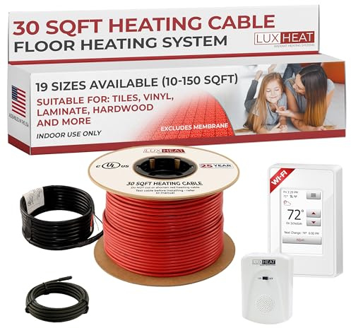 LuxHeat 30sqft Floor Heating Cable Kit - 120v Underfloor Heating System - Heated Flooring System - Includes UWG4 WiFi Programmable Thermostat w/GFCI, Floor Heat Cable, Alarm & Flooring Sensor