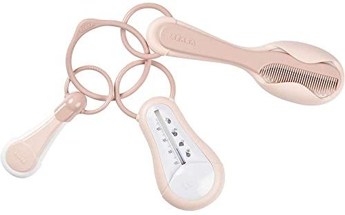 BÉABA Set Accessoires Toilette Bébé/Enfant pour Thermomètre de Bain + Coupe Ongle + Peigne Brosse Old Pink