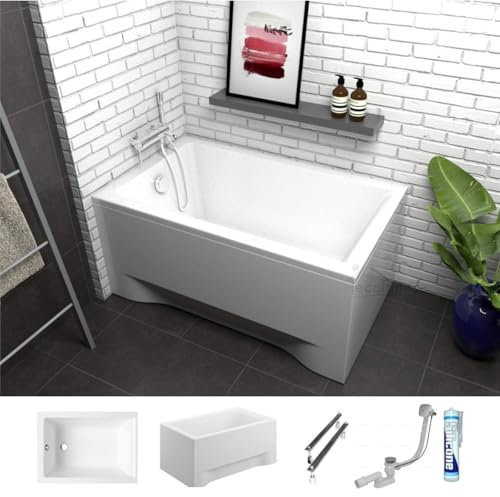 ECOLAM Petite baignoire rectangulaire acrylique Capri Polimat 100x70 cm + tablier en acrylique | pieds silicone et siphon | Set complet