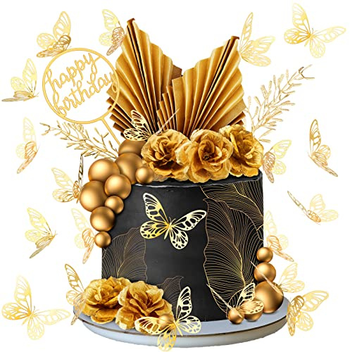 Shimeyao 52 Pcs Gold Happy Birthday Cake Topper Decoration Boho Wedding Cake Topper Rose Flower Butterfly Palm Leaves Balls Birthday Decoration for Women Men Party Decor(Gold)