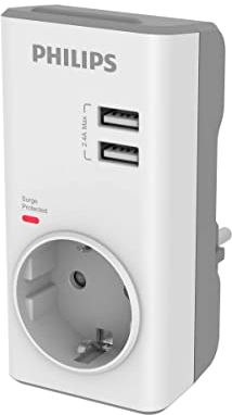 Philips CHP4010W Adapter Ladegerät USB Überspannungsschutz 2 USB 2,4 A 1 Steckdose, LED-Anzeige Stromversorgung, Überspannungsschutz 380J, automatischer Sicherheitsverschluss