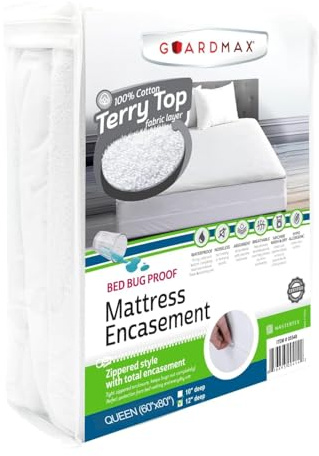 Guardmax Queen Mattress Encasement Zippered, 100% Waterproof Mattress Protector, Soft & Absorbent Cotton Terry Top Mattress Cover for Kids, Adults, & Pets, Bed Bug & Dust Mite Proof Bed Cover (White)