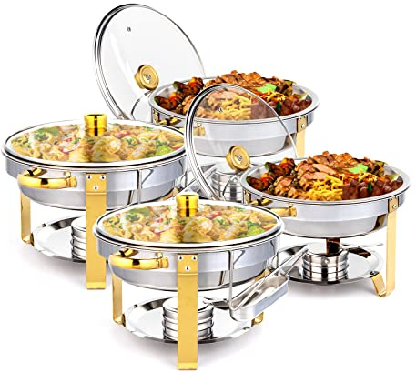ROVSUN 5QT 4 Packs Chafing Dish Buffet Set Gold Accent, NSF Round Stainless Steel Buffet Warmer Chafers and Warmers Sets with Glass Lid & Lid Holder for Catering Events Parties Weddings Dinners