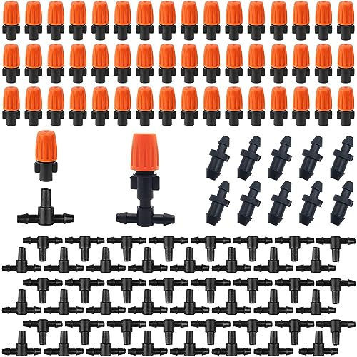 CTRICALVER Irrigation System Kit, Garden Watering System, 50 pcs Adjustable Misting Nozzles, 10 Pcs End Plugs, Ideal for Garden, Greenhouse, Patio, Lawn