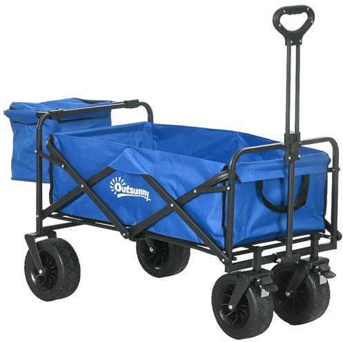 Outsunny Carro de Jardín con Bolsa Térmica Desmontable Carro para Playa Plegable con Longitud y Ángulo del Mango Ajustables y Bolsa de Transporte Carga 100 kg para Compra Azul