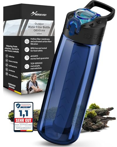 BERGKVIST® Outdoor Wasserfilter Flasche OBSIDIAN (650ml) mit Kompass - Trinkflasche mit Filter für sauberes Trinkwasser - Wasseraufbereitung für die Camping-, Prepper- & Survival-Ausrüstung (Blau)