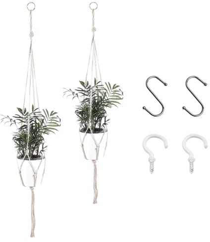 Suspension Plante 2 pièces, Macrame Pot Suspendu Panier Suspendu en Corde Coton Pot de Fleurs pour Plantes Support Suspendu pour Intérieur, Extérieur, Jardin, Balcon, Patio, Fenêtre, Beige