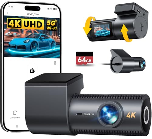 4K Dash Cam Front and Rear, 64GB SD Card, 1.5” IPS Display Car Camera, 5Ghz WiFi+App Control, Night Vision, 24H Parking Mode, G-Sensor, WDR, 170° Wide Angle, 4K+1080P Dual Dash Camera for Cars