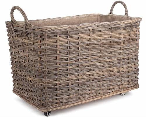 XL Log Basket with Wheels Rustic Style Lined Log Store with Handles Living Room Hearthside Storage Accessory Log Storage Kindling Basket Firewood Rack