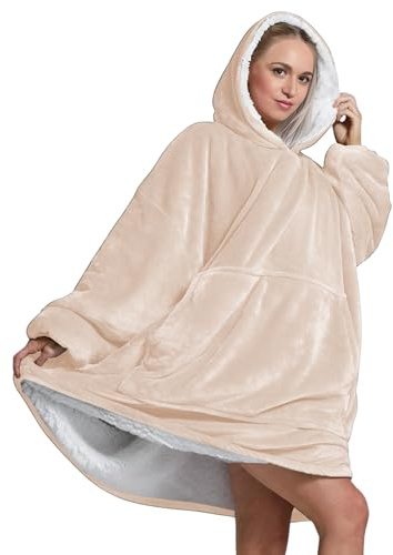 Oversized Wearable Hoodie Blanket Ultra Soft Sherpa Fleece Oodies Reversible Warm & Cozy Giant Hooded Blanket Sweatshirt Large Front Pocket - Gift One Size Fits For All (Solid Color, Beige)