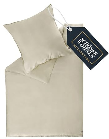 Schöner Wohnen, set di biancheria da letto in raso 135x200 cotone beige - set di biancheria da letto di lusso 2 pezzi - morbido e traspirante - composto da 1 copripiumino e 1 federa 80x80 cm