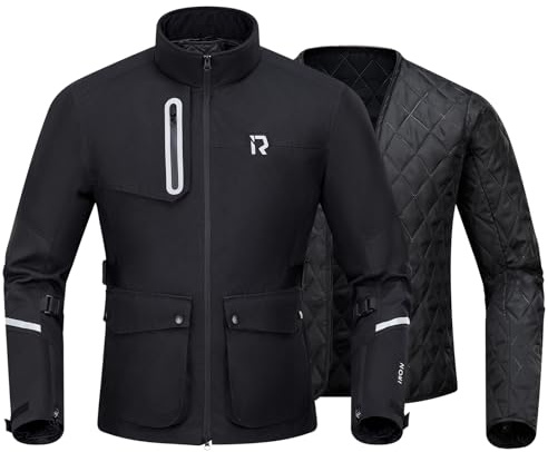 RIDEIRON Giacca moto uomo con protezioni CE,giacca da moto invernale con fodera rimovibile per proteggere dal freddo e dal vento per tutte le stagioni Nero,M