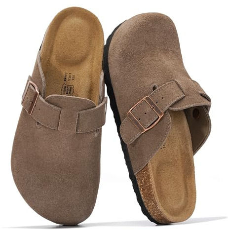 Project Cloud Genuine Leather Footbed Clogs for Women - Memory Foam Arch Support Slippers for Women - Trendy Slip-ons Women's Mules & Clogs Sandals (Benton,FOSSSUEDE,9M)