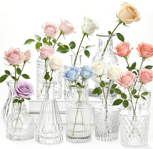 10 Pcs Vintage Glass Bud Vases Set, Small Mini Bottle Vases for Flowers, Assorted Sizes & Styles for Wedding Centerpieces, Table, Home, Party, Hotel, Restaurant Decor, Floral Arrangements, Gift Idea