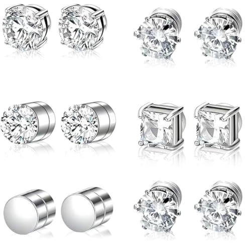 Teegxddy 6 Paires Boucles d'oreilles magnétiques, Boucle d oreille homme, Boucles d'oreilles sans piercing, argent