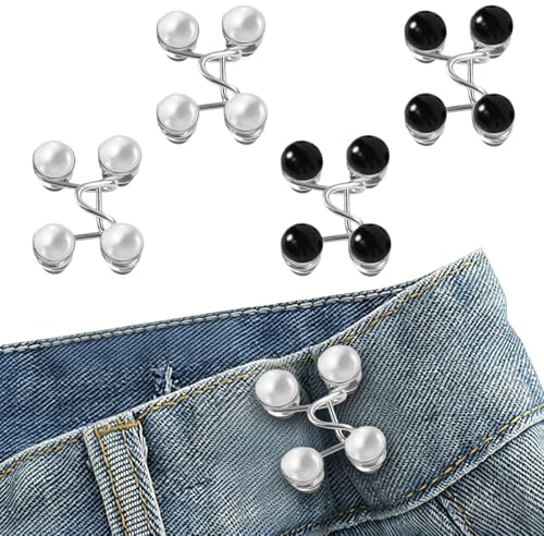 Sekfpnk 4 pares de pinzas para ajustar pantalones, sin necesidad de coser, nudos en la cintura, botones de perla ajustables para jeans, pantalones, faldas y mangas.