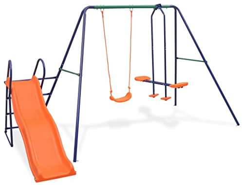 Genérico Juego de Columpios con Tobogán y 3 Asientos (Individual y Tándem), Estructura Metálica en A, Incluye Anclajes para Tierra, para Jardines y Patios
