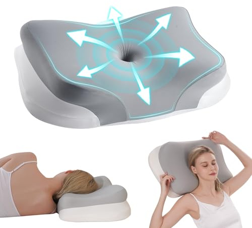 KEVIAN Almohada Cervical y de Apoyo Cervical, Ergonómica Curva, Almohada de Espuma Viscoelástica de Alta Densidad para Dormir de Lado, Boca Arriba y Abajo, con Funda Lavable, 60x37x13/12 cm