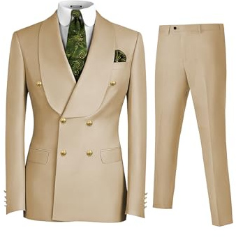 CYANDUSTY Men's 2 Piece Champagne Suit Double Breasted Gold Button Blazer Jacket Pants Set Slim Fit Formal Wedding Business Elegant Tuxedo Suit S