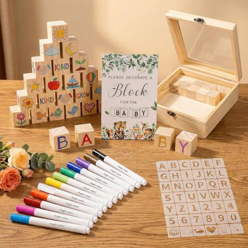 Juego de 104 Letreros para Baby Shower, actividades con bloques de madera, lápices y plantillas, actividad creativa y decoración para invitados, Mini Natural Cubos de Madera Baby Shower