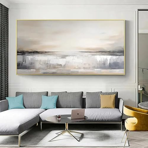 Pintura al óleo abstracta de cascada sobre lienzo, impresiones de paisaje beige y gris, arte moderno para pared de sala de estar (80 x 160 cm)